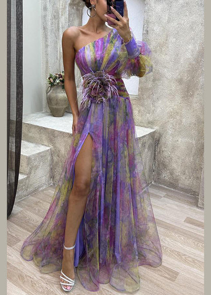 Dress Chiffon Purple Summer Open Shoulder Print Side One