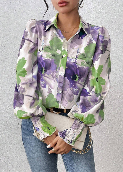 Pan Spring Cotton Collar Print Blouse Purple Peter