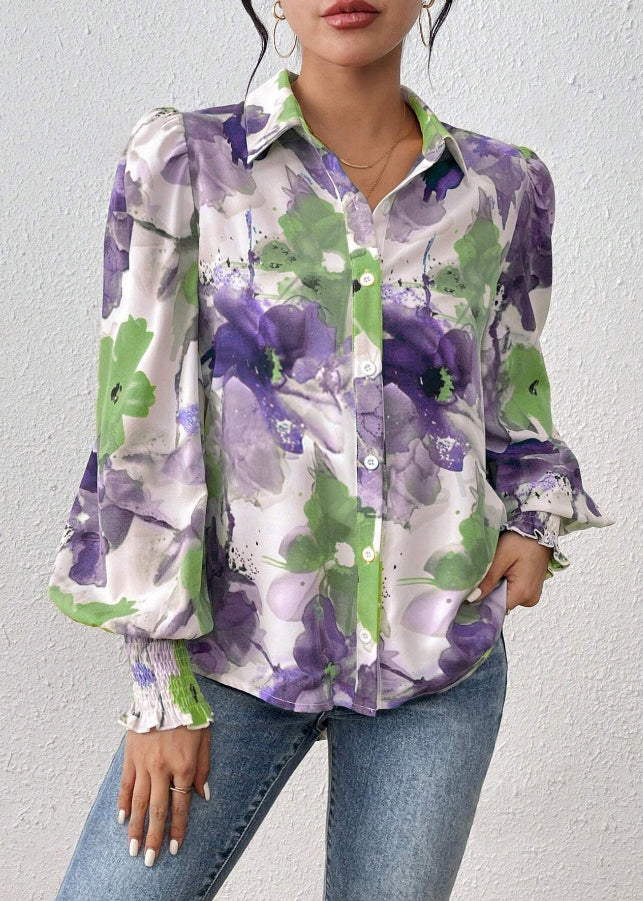 Pan Spring Cotton Collar Print Blouse Purple Peter