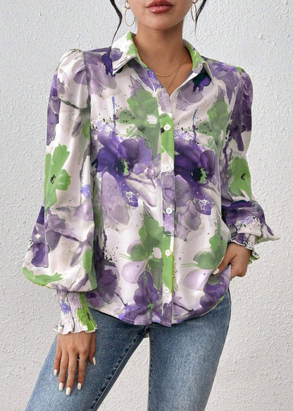 Pan Spring Cotton Collar Print Blouse Purple Peter