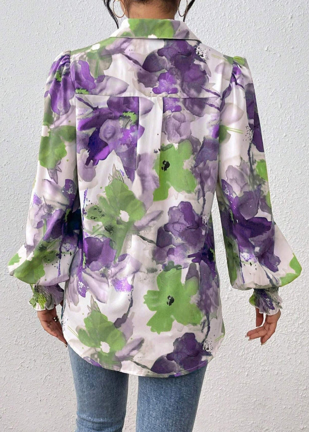 Pan Spring Cotton Collar Print Blouse Purple Peter