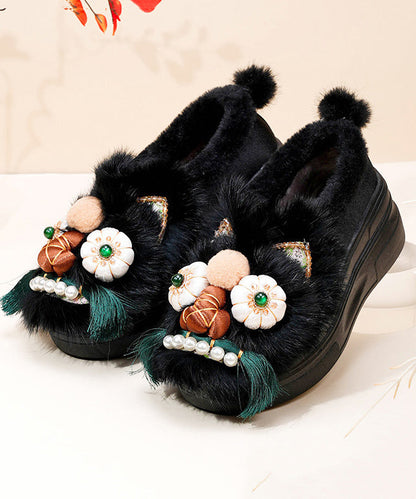 Purple Retro Handmade Fuzzy Wool Lined Splicing Platform Flats TQ055