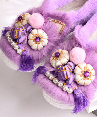 Purple Retro Handmade Fuzzy Wool Lined Splicing Platform Flats TQ055