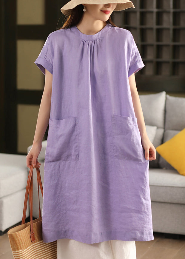 O Open Neck Linen Solid Dress Purple Side