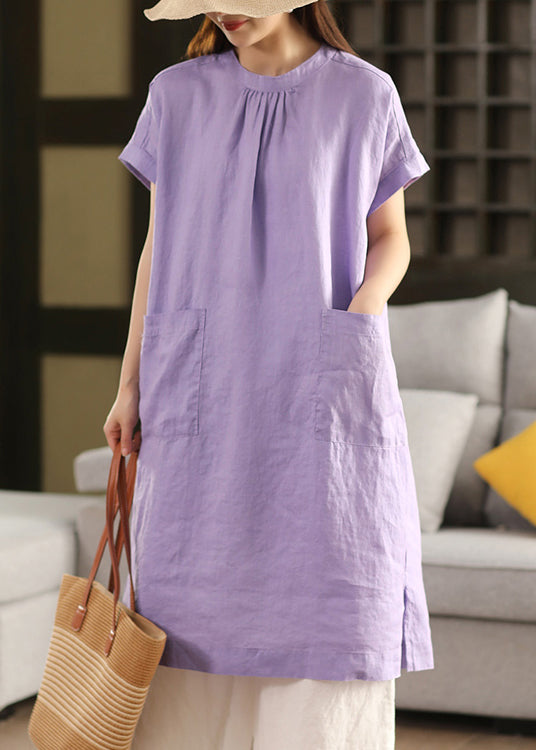 O Open Neck Linen Solid Dress Purple Side