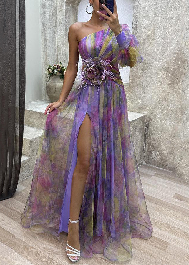 Purple Side Open Tulle Long Dress One Shoulder Summer WW1033