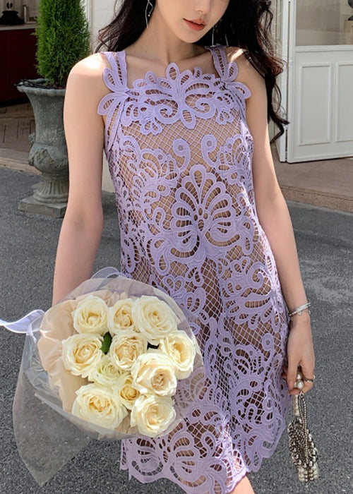 Lace Hollow Solid Spaghetti Strap Dress Summer Purple Out