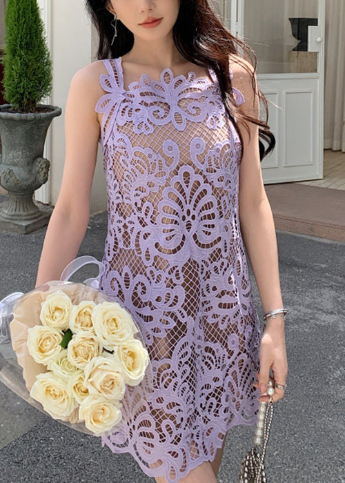 Lace Hollow Solid Spaghetti Strap Dress Summer Purple Out