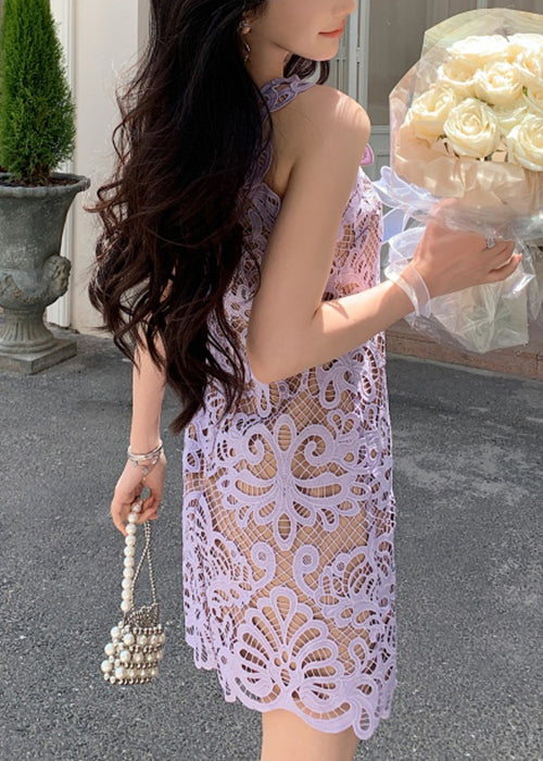 Lace Hollow Solid Spaghetti Strap Dress Summer Purple Out