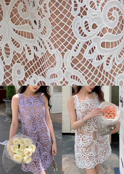Lace Hollow Solid Spaghetti Strap Dress Summer Purple Out