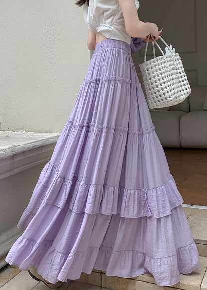 Patchwork Cotton Solid Ruffled Summer Purple Skirts Maxi