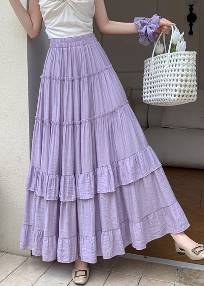 Patchwork Cotton Solid Ruffled Summer Purple Skirts Maxi