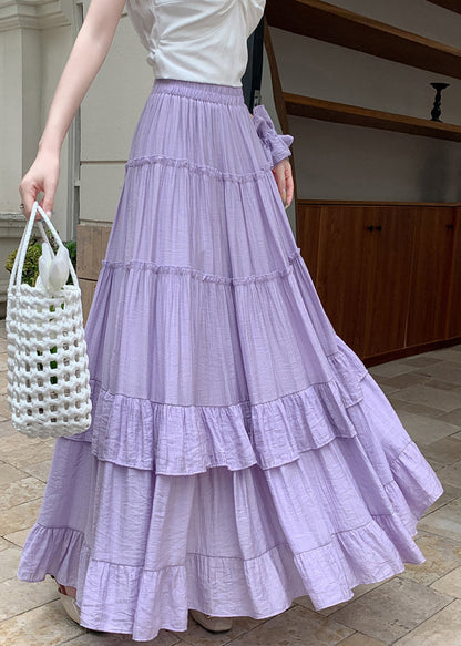 Patchwork Cotton Solid Ruffled Summer Purple Skirts Maxi