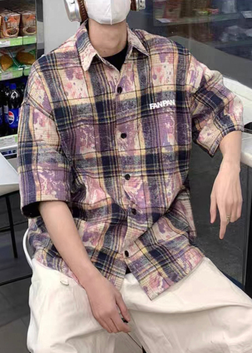 Men Shirts Tie Oversized Cotton Pan Dye Summer Peter Purple