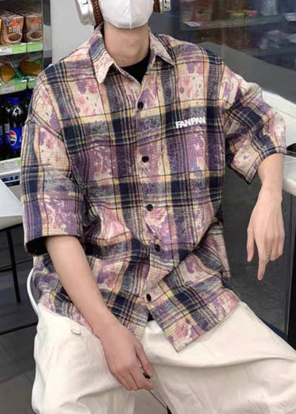 Men Shirts Tie Oversized Cotton Pan Dye Summer Peter Purple