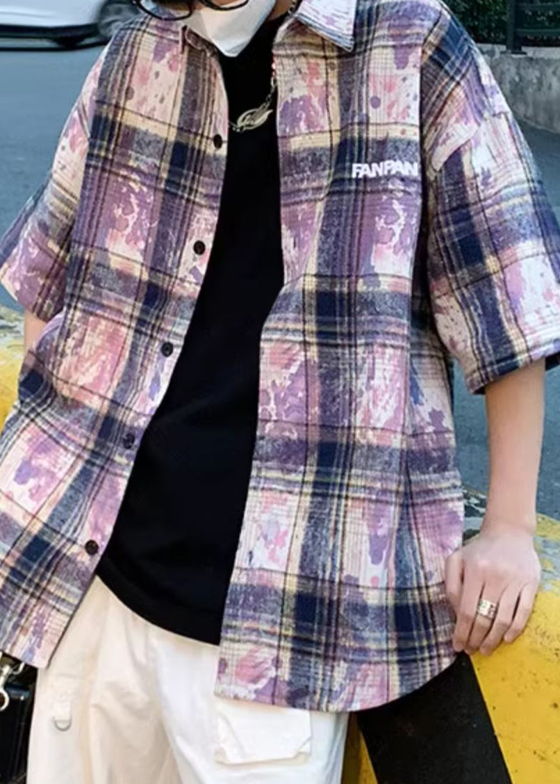 Men Shirts Tie Oversized Cotton Pan Dye Summer Peter Purple