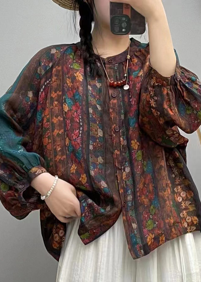 Rainbow Button Patchwork Linen Blouses O Neck Spring VV056