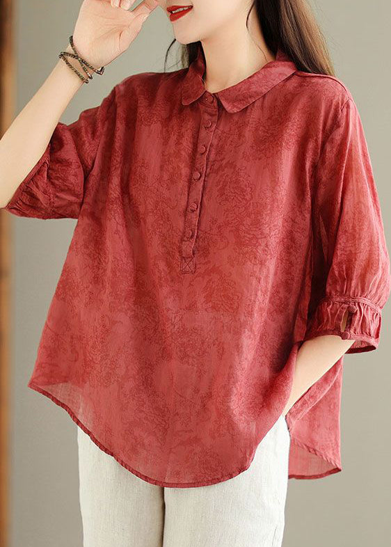 Red Button Print Linen Blouses Peter Pan Collar Summer GG050