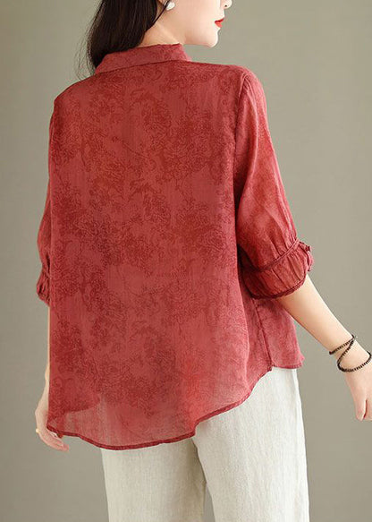 Red Button Print Linen Blouses Peter Pan Collar Summer GG050