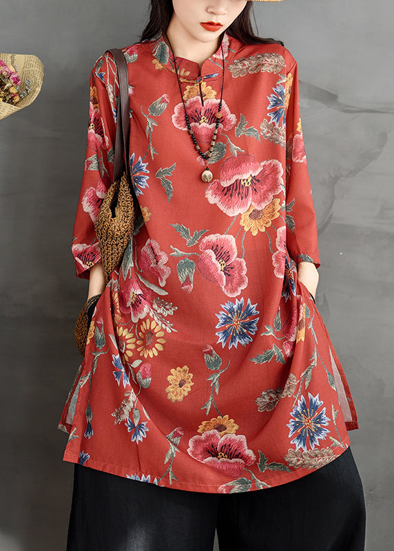 Button Collar Linen Stand Dresses Shirt Red Sleeve Print Bracelet
