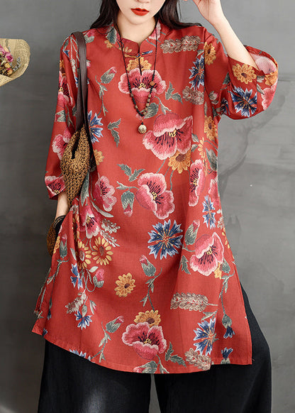 Button Collar Linen Stand Dresses Shirt Red Sleeve Print Bracelet