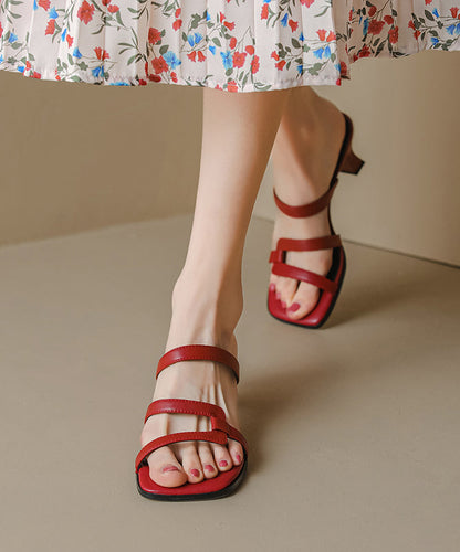 Peep Stylish Toe Sandals Slide Red Sheepskin Chunky Splicing