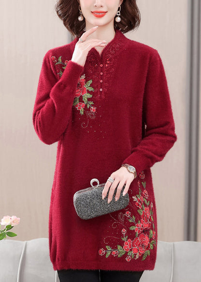 Red Cozy Mink Velvet Sweaters Embroidered Spring TA026