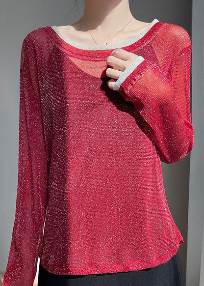 Two Pieces Summer Shirt T Red Neck O Tulle Patchwork False