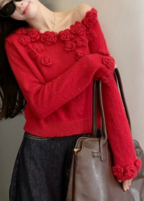 Roter floraler Patchwork-Strickpullover, asymmetrisch, Winter WK035