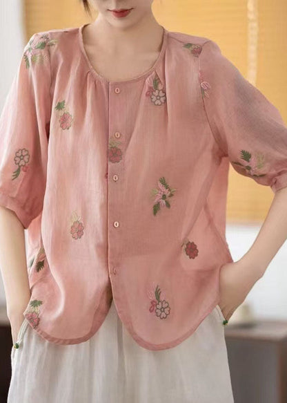 Linen Summer O-Neck Embroidered Shirts Red