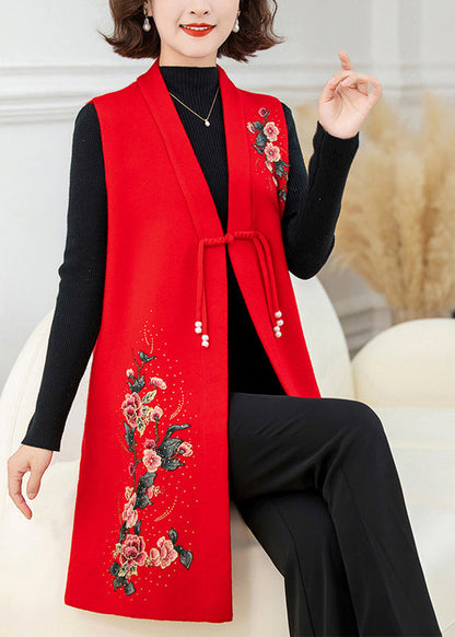 Red Long Wool Knit Waistcoat Embroidered Floral Sleeveless TA028