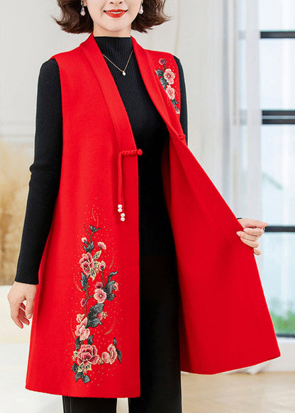 Red Long Wool Knit Waistcoat Embroidered Floral Sleeveless TA028