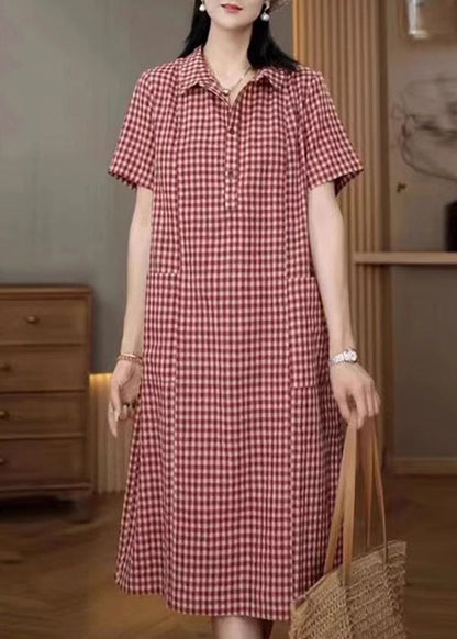 Red Shirt Summer Plaid Linen Dresses Collar Pan Peter