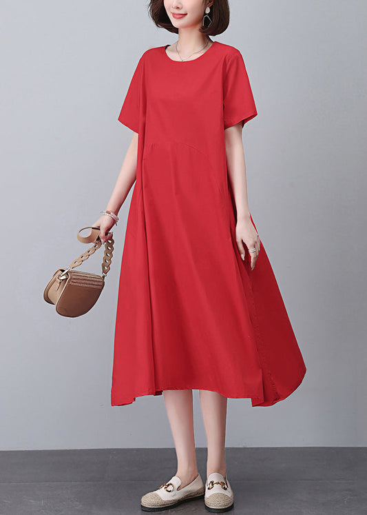 Red Pockets Solid Cotton Dress O Neck Short Sleeve MN051