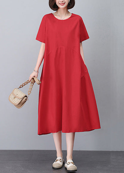 Red Pockets Solid Cotton Dress O Neck Short Sleeve MN051