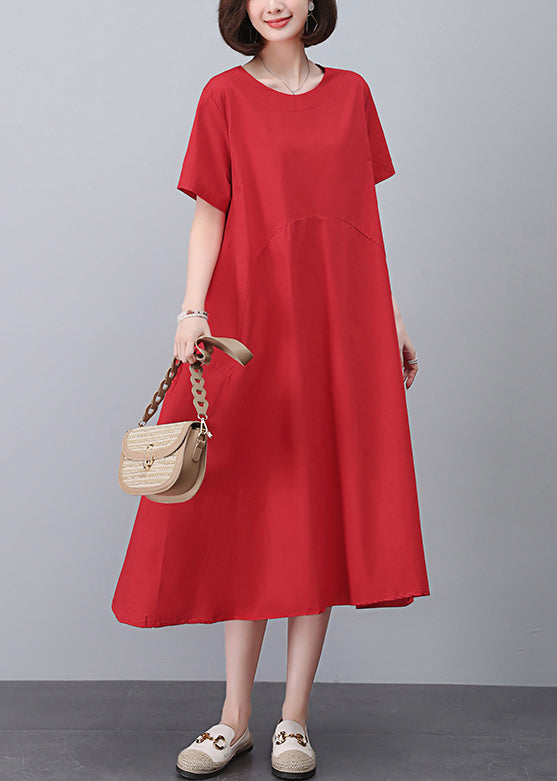 Red Pockets Solid Cotton Dress O Neck Short Sleeve MN051