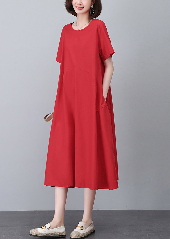 Red Pockets Solid Cotton Dress O Neck Short Sleeve MN051