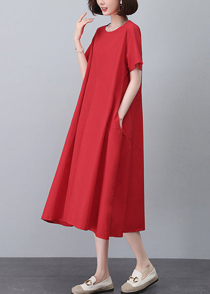 Red Pockets Solid Cotton Dress O Neck Short Sleeve MN051