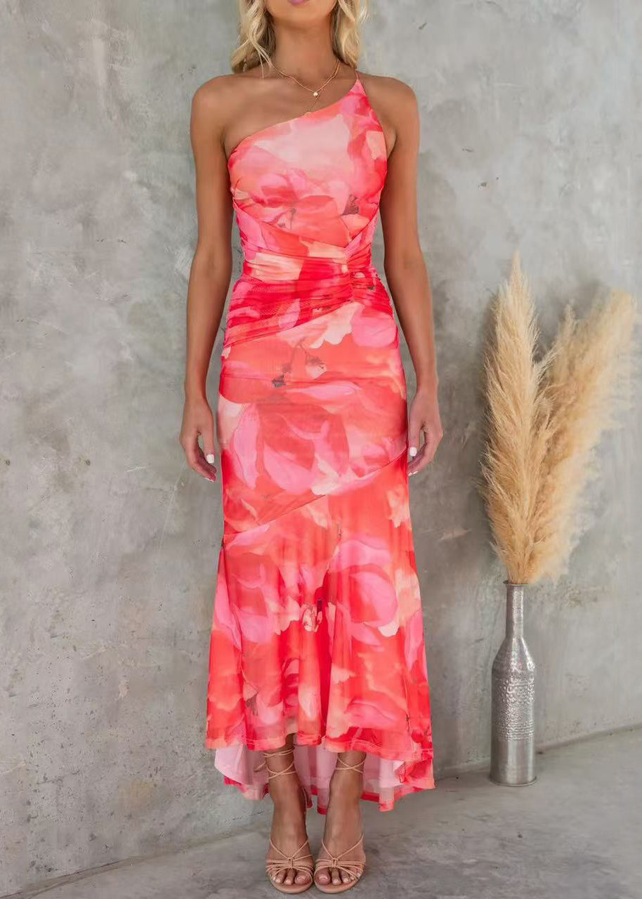 Sleeveless Strap Print Cotton Dress Red Spaghetti Shoulder Cold