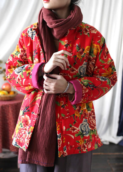 Red Print Fine Cotton Filled Jackets Chinese Button Spring TI037