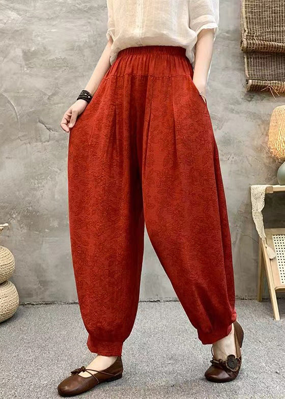 Pantalon court en coton à poches imprimées rouges taille haute RE006