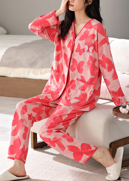 Two-Piece Neck Red V Set Pants Fall Print And Shirts Cotton