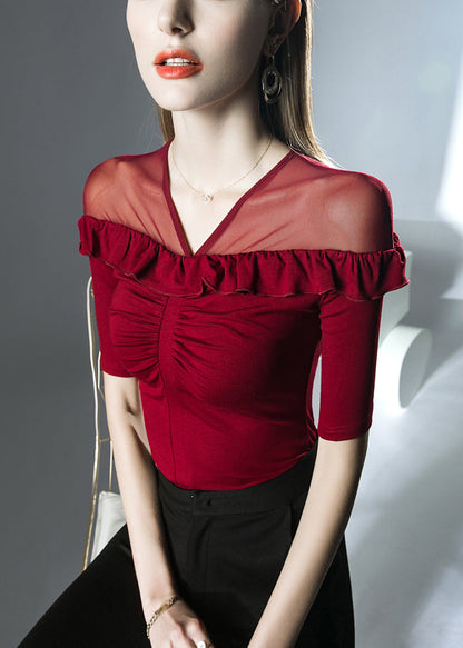 Red Solid Patchwork Cotton T Shirts V Neck Summer AL1038