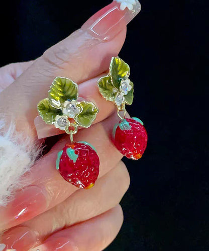 Strawberry Resin Sweet Earrings Red Fashionable Zircon