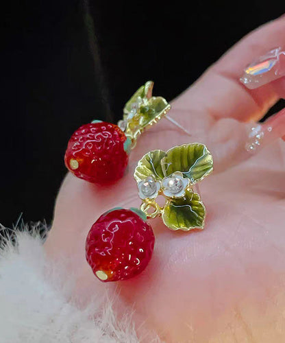 Strawberry Resin Sweet Earrings Red Fashionable Zircon