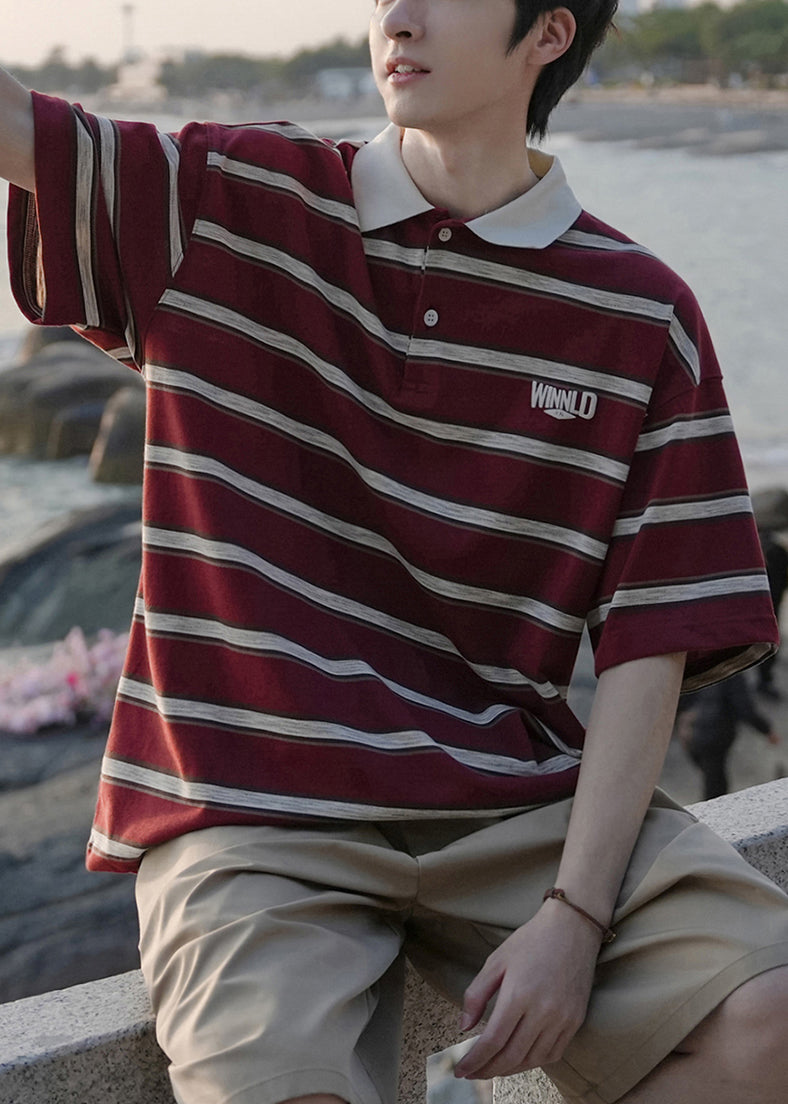 Loose Mens Button Striped Red Shirts Cotton Polo