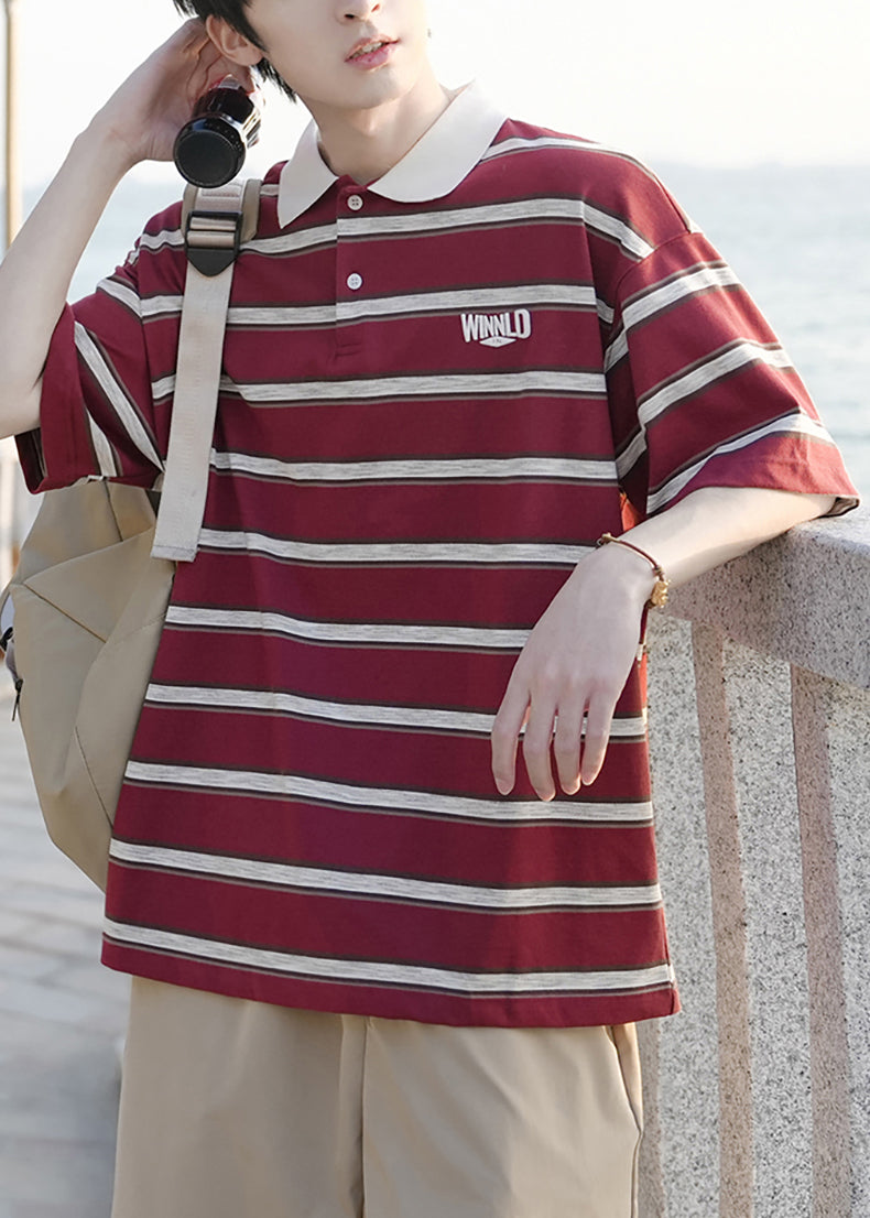 Loose Mens Button Striped Red Shirts Cotton Polo