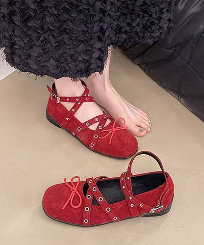 Suede Splicing Feet Red Flat Strap Cross Bow Shoes Rivet