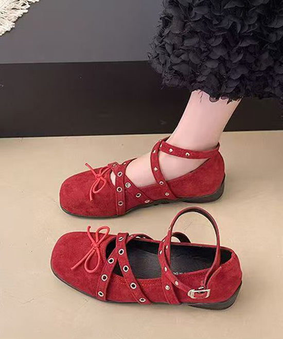 Suede Splicing Feet Red Flat Strap Cross Bow Shoes Rivet