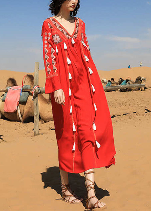 Long Patchwork Tasseled Neck Fall Cotton Dress Red V